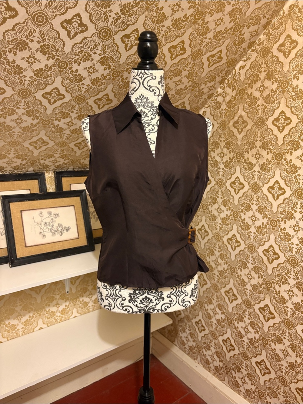 Vintage Sunny Leigh 100% Silk Brown Wrap Blouse Size 10 Y2K